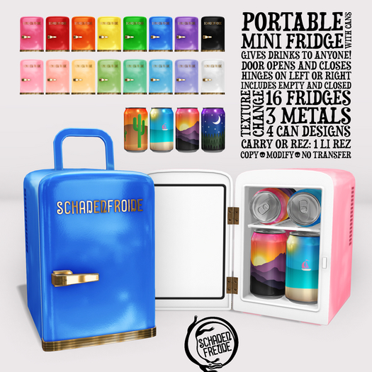 Second Life Marketplace Schadenfreude Portable Mini Fridge with Cans